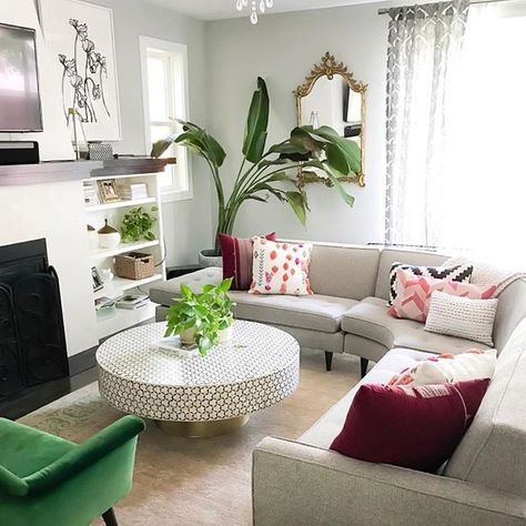 bright inviting living room with anthropologie round coffee table and room and board couches. #livingroom #plants #homedecor Living Room Inspiration Neutral, Room Inspiration Neutral, Anthropologie Table, Neutral Couch, Living Room Decor Neutral, Neutral Green, Trendy Living Rooms, Neutral Living Room, Ideas Living Room