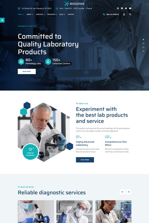 Biogenix is a modern and elegant Science Research & Laboratory WordPress Theme designed for scientists, researchers, and laboratories. It features a clean and professional design, customizable color options, and multiple homepage layouts. The theme also includes a variety of widgets and shortcodes for easy customization, and a powerful admin panel for complete control over your website. Lab Report Aesthetic, Lab Website Design, Scientific Website Design, Pharmacy Web Design, It Services Website Design, Science Website Design, Biotech Website, Our Services Page Design, Pharmacy Website Design