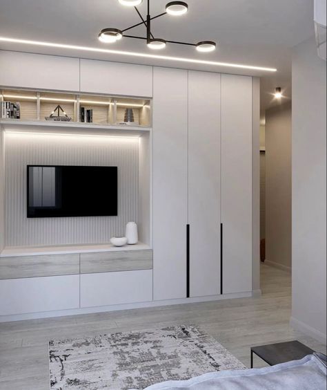 Tv Wall With Closet, Tv Wardrobe Living Room, Living Room With Wardrobe, Built In Closet Wall, Wardrobe Small Bedroom, Ikea Pax Wardrobe Ideas, Wardrobe Design With Dressing, Full Height Storage, Closet Con Tv