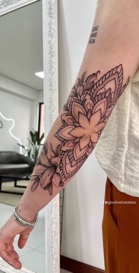 Tattoo Sleeves For Women Minimal, Bohemian Arm Tattoo, Back Of Arm Mandala Tattoo, Tattoo Sleeve Connection Ideas, Forarm Tattoos Woman Floral, Big Patchwork Tattoo Sleeve, Women’s Full Tattoo Sleeve, Forearm Tattoo Women Wrap Around, Inside Arm Tattoos For Women Sleeve