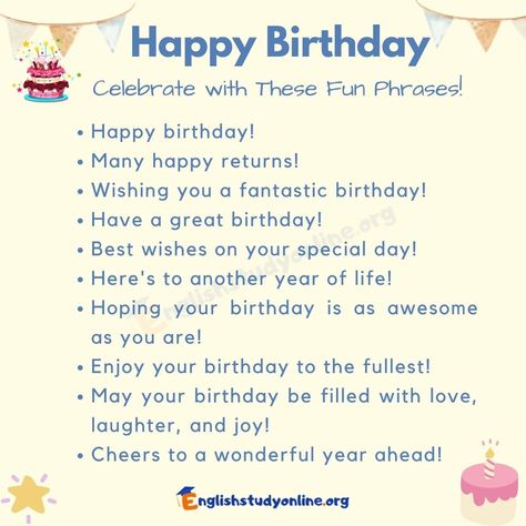 Ways To Say Happy Birthday, Other Ways To Say, Happy Returns, Happy Birthday Video, English Vocab, Creative Activities For Kids, Birthday Gif, Birthday Messages, Cute Pins