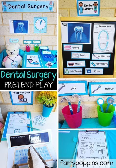 Dental Surgery dramatic play center for preschool, kindergarten or first grade. Learn about how to have healthy teeth through pretend play. Great for a dental unit or dental week. #dramaticplay #pretendplay #dentalactivities #fairypoppinsresources Dental Health Month Activities, Dental Activities, Fairy Poppins, Dental Health Week, Dental Health Preschool, Dental Health Activities, Dramatic Play Center, Dramatic Play Printables, Dental Health Month