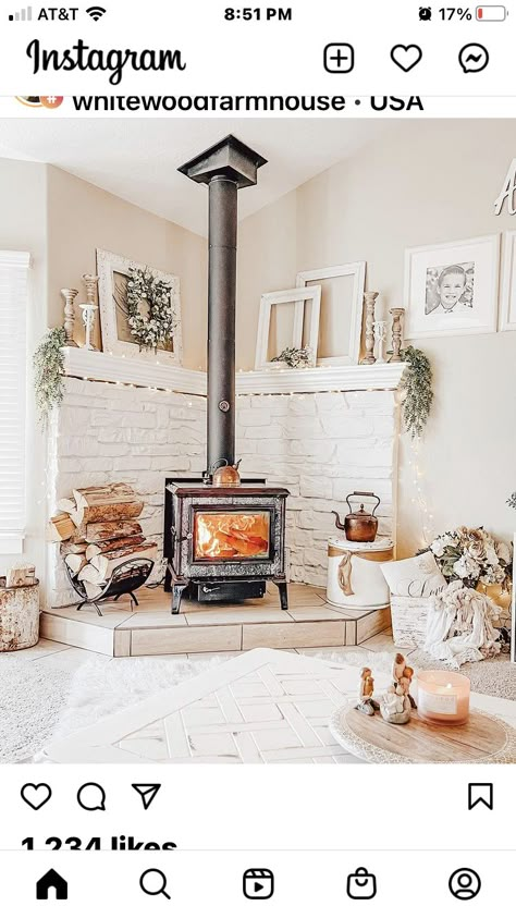 Cast Iron Fireplace Corner, Painted Stone Wall, Corner Fireplace Mantel, Corner Brick Fireplaces, Corner Mantle, Free Standing Wood Stove, Corner Fireplace Mantels, Wood Burning Stove Corner, Corner Wood Stove