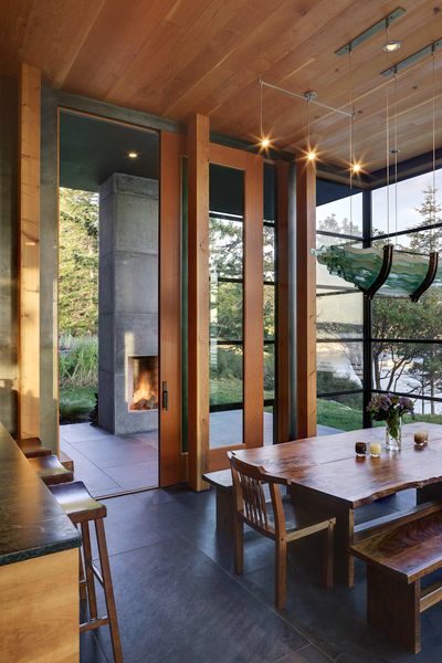 Green Roof House Design San Juan Island |Natural Modern Architecture Firm Green Roof House, Northwest Style, Classic House Design, North Bay, Bay House, House Roof, Stone Houses, Home Pictures, Outdoor Fireplace