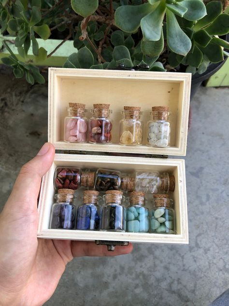 Mini Crystals, Vintage Floral Wall Art, Crafts With Glass Jars, Tumbled Crystals, Jar Display, Tiny Jars, Wood Storage Box, Crystal Chips, Pinterest Diy Crafts