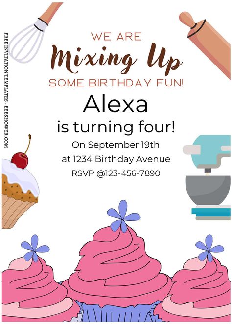 Download Now (Free Editable PDF) Yummy Cupcake Baking Birthday Invitation Templates Mary Kay Facebook Party, Baking Birthday Party, Baking Birthday Parties, Baking Theme, Cupcake Baking, Facebook Party, Free Invitation Templates, Birthday Party Invite, Baby Birthday Party