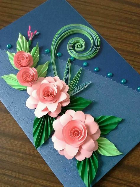 Quilling Paper Craft Greeting Card, Handmade Greeting Card Designs, File Decoration Ideas, Anniversaire Diy, Simple Cards Handmade, Quilled Creations, Paper Flower Crafts, Quilling Paper Craft, Paper Flowers Craft