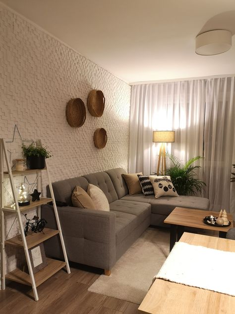 Gray White Beige Living Room, Indian Small Apartment Interiors, Tulum Inspired Living Room, Small Rectangular Living Room, Salas Aesthetic, Living Room Simple Decor, Very Small Living Room, Ruang Tamu Aesthetic, Small Apartment Decorating Living Room