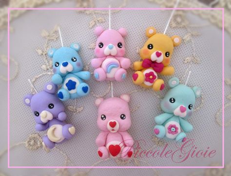 raimbow care bears by PiccoleGioiefimo on DeviantArt Polymer Clay Care Bears, Clay Bear, Lantern Craft, Clay Fairies, Kawaii Doll, Kawaii Jewelry, Kawaii Accessories, Polymer Jewelry, Polymer Clay Pendant