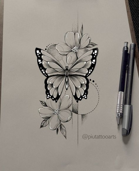 Butterflies Drawing Tattoo, Women’s Arm Tattoos Butterfly, Butterfly And Flowers Tattoo Designs, Butterfly Flowers Tattoo Design, Butterfly Mandala Tattoo For Women, Butterfly Tattoo Designs For Women Arm, Butterflies With Flowers Tattoo, Top Back Tattoo For Women, Butterfly With Flowers Tattoo For Women