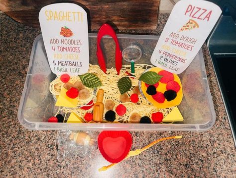 Sensory Play | 🍝Spaghetti and Pizza sensory bin Pizza Sensory Bin, Dramatic Play Preschool, Basil Leaf, Sensory Table, Mama Mia, Sensory Bin, Dramatic Play, Sensory Bins, Different Textures