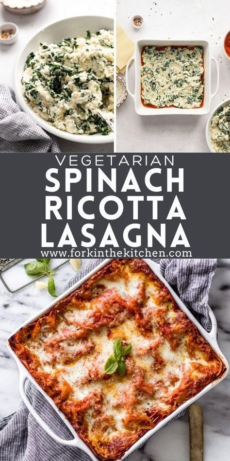 The ultimate comfort food: Vegetarian Spinach Ricotta Lasagna. It’s made with a cheesy layer of ricotta cheese and a flavorful spinach mixture, alongside homemade tomato sauce, freshly shredded mozzarella cheese, all in between fresh pasta sheets. It’s irresistibly delicious! Gluten Free Vegetarian Lasagna Recipe, Spinach Ricotta Lasagna Filling, Spinach And Feta Lasagna, Vegetarian Ricotta Recipes, Vegetable Lasagna Recipe With Ricotta, Lasagna Recipe Cheese Meatless, Vegetarian Lasagna Recipe Spinach, Cheese And Spinach Lasagna, Lasagna With Cottage Cheese And Spinach