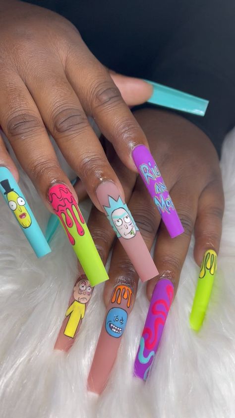 Rick And Morty Nails Acrylic, Rick And Morty Nail Art, Nail Learning, Rick And Morty Nails, Game Nails, Rick E Morty, Character Nails, Nails 2017, Acrylic Toe Nails