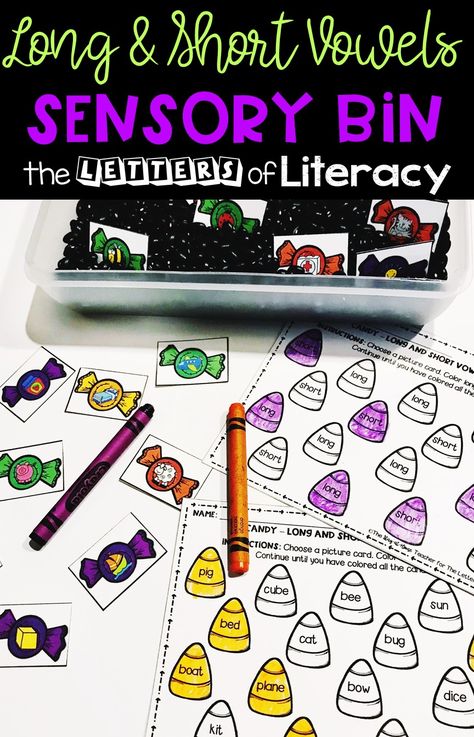 Do you love learning with sensory bins? This Halloween sensory bin is perfect for October in a Kindergarten or 1st grade classroom as a literacy center! #sensorybin #sensory #literacy #phonics  #vowels #vowelsort #freeprintable #halloween #kindergarten #firstgrade Halloween Literacy Centers, Halloween Learning Activities, Halloween Kindergarten Activities, Halloween Sensory Bin, Kindergarten Sensory, 1st Grade Classroom, Sensory Words, Halloween Literacy, Word Work Kindergarten