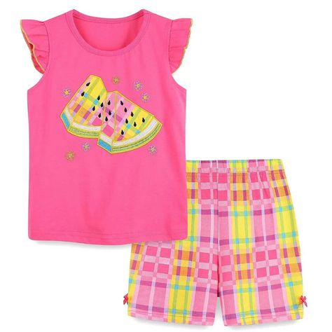 Summer Outfits T Shirts, Kids Summer Outfits, Vegetable Printing, Toddler Girl Outfits Summer, Toddler Suits, Pattern Fruit, Shirts And Shorts, T Shirts For Girls, Toddler Girl Summer