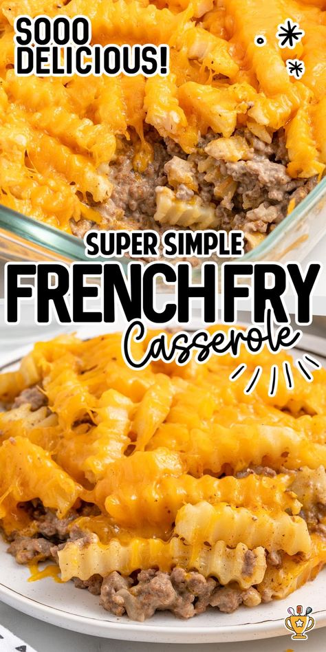 French Fry Casserole combines crispy fries, savory ground beef, and gooey cheese into a quick and comforting meal. Perfect for busy weeknights or casual gatherings! Ground Beef French Fry Casserole, French Fry Casserole Recipes Ground Beef, French Fries Casserole Ground Beef, Fried Ground Beef Recipes, Hamburger French Fry Casserole, French Fry Casserole Recipes, Fries Casserole, Fry Casserole, French Fry Casserole