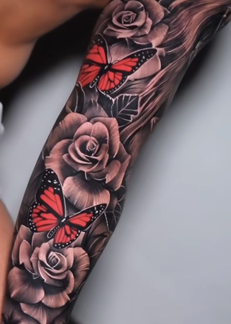 Leg Tattoos Women Butterfly And Flowers, Full Rose Sleeve Tattoo Women, Sleeve Tattoos For Women With Color, Roses And Butterfly Tattoo Sleeve, Full Color Sleeve Tattoos Women, Full Arm Sleeve Tattoos For Women Unique, Unique Half Sleeve Tattoos For Women, Crown Tattoos, Unique Half Sleeve Tattoos