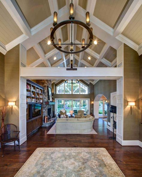 Traditional Cape Cod style home gets beautifully renovated in Laguna Hills Coffered Vaulted Ceiling, Vaulted Coffered Ceiling, Ceiling Home Design, Vaulted Ceiling Ideas, Cape Cod Style Home, Coffered Ceiling Design, Cape Cod Style House, Cape Cod Style, Ceiling Ideas