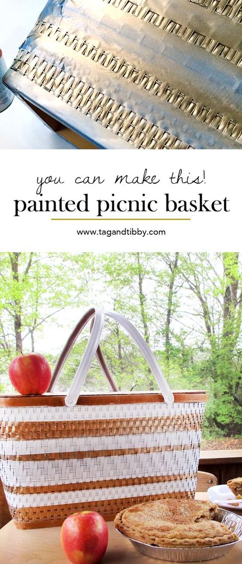 spray paint a vintage picnic basket DIY Picnic Basket Makeover Ideas, Decoupage Baskets Ideas, Refurbished Baskets, Painted Picnic Basket, Picnic Basket Ideas, Picnic Basket Diy, Picnic Basket Decor, Picnic Diy, Preppy Picnic