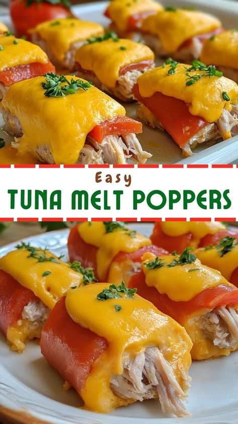 Easy Tuna Melt Poppers Open Faced Tuna Melt Recipe, Easy Tuna Melt, Chili Dog Casserole, Baked Pasta Dishes, Vegetarian Slow Cooker Recipes, Mini Sweet Peppers, Tuna Melt, Snacks Easy, Keto Beef Recipes