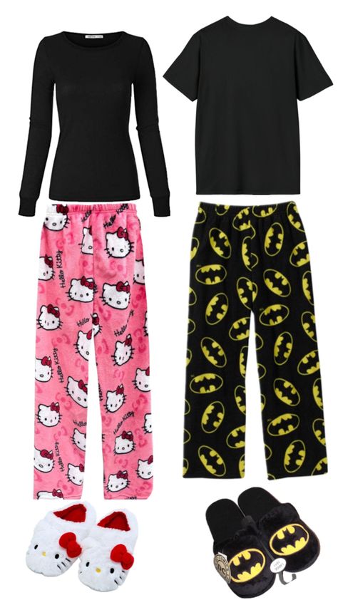 batman & hello kitty Batman Hello Kitty, Bff Matching Outfits, Couple Matching Outfits, Matching Outfits Best Friend, Couple Fits, Hello Kitty Clothes, Couple Pajamas, Matching Pjs, Cute Pajama Sets