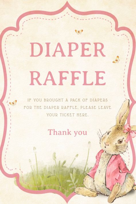 Peter Rabbit Diaper Raffle Game Poster for Baby Shower Girl Peter Rabbit Baby Shower Ideas, Peter Rabbit Girl Baby Shower Ideas, Pink Peter Rabbit Baby Shower Ideas, Peter Rabbit Baby Shower Ideas Girl, Vintage Peter Rabbit Baby Shower Ideas, Rabbit Baby Shower Ideas, Peter Rabbit Baby Shower Ideas, Bunny Baby Shower Theme, Peter Rabbit Garden