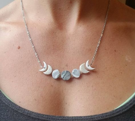 Polymer Clay Moon Phase Necklace Moon Phases Necklace - Etsy Polymer Clay Moon Necklace, Handmade Clay Jewelry Necklace, Polymer Clay Moon Phases, Celestial Clay Art, Polymer Necklace Pendant, Diy Moon Necklace, Moon Phases Earrings, Polymer Clay Moon Pendant, Polymer Clay Necklace Charms