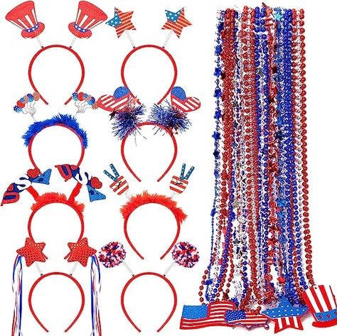 Celebrating the Independence - The headband and necklace feature a colorful design that is inspired by the American flag, decorated with playful pattern, evoking the excitement. 4th Of July Accessories, Head Boppers, Patriotic Party Favors, Antler Tree, Patriotic Headband, Firework Rocket, Patriotic Decorations Party, Patriotic Accessories, Play Sand