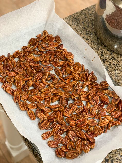 These savory and spicy pecans are a yummy treat that is perfect for charcuterie boards, snacks, and gift-giving! #savorypecans #spicypecans #charcuterieboard #nuts #pecanrecipe #giftgiving Savory Salty Snacks, Sweet And Salty Roasted Pecans, Crispix Snack Mix Recipe Savory, Sweet Or Savory Snacks, Savory Pecans Holidays, Savory Nuts Recipe Snacks, Seasoned Pecans Recipe, Spicy Pecans Recipe Holidays, Salty Pecans Recipes