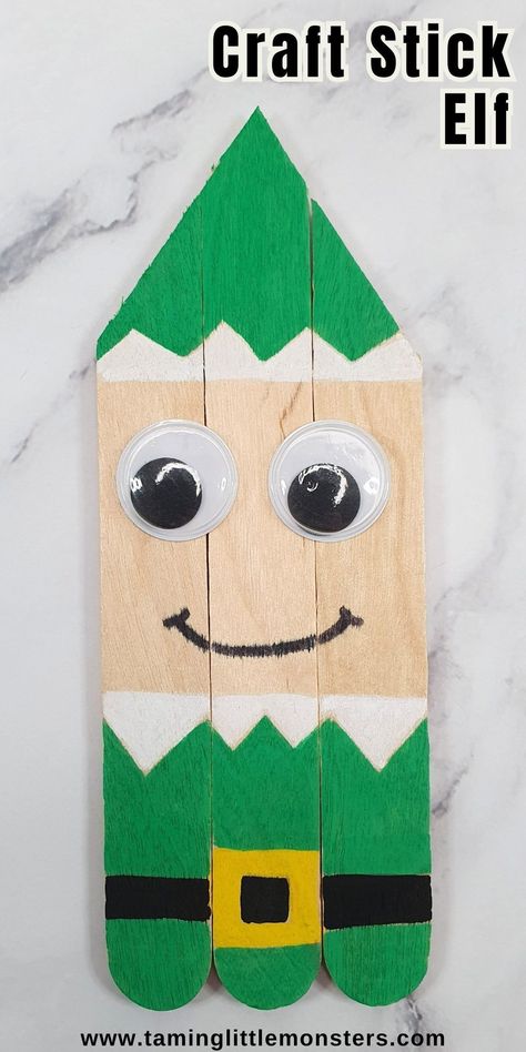 Cute Popsicle Stick Elf Craft for Kids. A fun arts and crafts activity for Christmas. Perfect for preschoolers and kindergarteners. #christmas #artsandcrafts #preschool #kindergarten Elf Kids Craft, Elf Crafts For Toddlers, Elf Activities For Preschoolers, Crafts With Ice Cream Sticks, Elf Crafts For Kids, Elf Craft For Kids, Easy Popsicle Stick Crafts, Preschool Elves, Stick Crafts For Kids