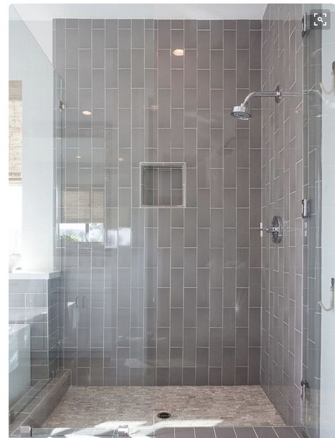 Vertical Tile Shower Ideas, Vertical Shower Tile, Gray Shower Tile, Subway Tile Showers, Grey Subway Tiles, Bath Tile, Subway Tiles Bathroom, Tile Layout, Primary Bath