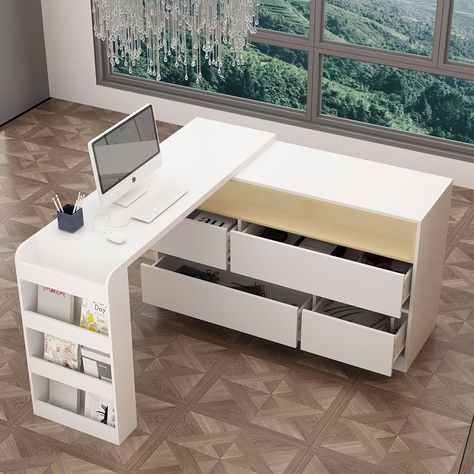 Amazon.com: MOUMON Corner Desk with 4 Drawers & 5 Shelves, 47.2" Home Office Desk Corner Desk with Storage, Computer Desk L-Shaped Desk for Office White and Oak (47.2”W x 47.2”D x 29.5��”H) : Home & Kitchen Corner Computer Desk, Drawer Shelves, Writing Table, L Shaped Desk, Office Setup, Home Office Setup, Computer Desk, Desk Storage, Writing Desk