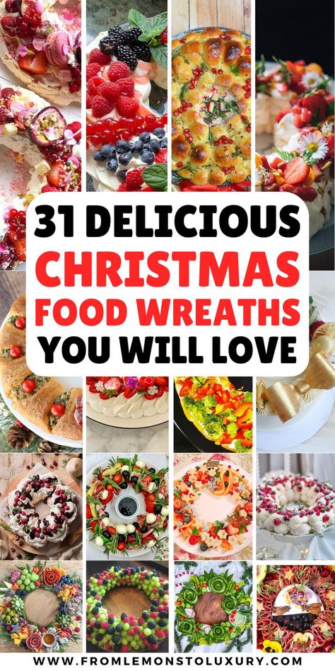 christmas food wreaths Wreath Bread Christmas, Christmas Wreath Party Ideas, Christmas Wreath Veggie Pizza, Wreath Food Ideas, Christmas Wreath Pizza, Candy Wreaths Edible, Christmas Food Wreath, Christmas Dessert Wreath, Christmas Wreath Food