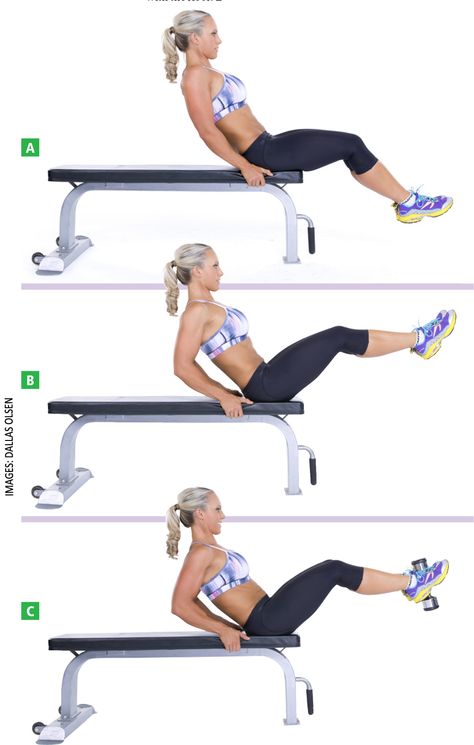 Flat bench lying leg Raise - Target muscles: Abdominals Model: Amanda Steer | Photos: Dallas Olsen Lying Leg Raises, Bench Ab Workout, Beginners Cardio, Leg Raise, Bench Workout, Hiit Program, Abs Workout Video, Abs Training, Killer Workouts