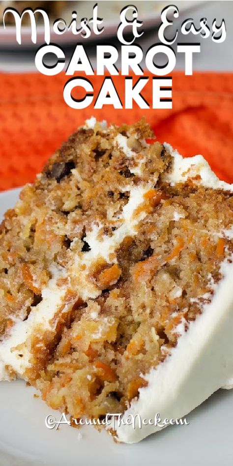 Make this Easy Carrot Cake for a moist and delicious dessert everyone will love! Using simple pantry ingredients like flour, sugar and oil, plus with the addition of buttermilk and cinnamon, this cake becomes extra moist and delicious! Don’t forget the grated carrot, crushed pineapple, coconut and walnuts for incredible flavor! It’s so tasty in fact, that one piece just might not be enough! #easycarrotcake #pineapplecarrotcake #recipeformoistcarrotcake #aroundthenook Carrot And Walnut Cake Recipes, Best Carrot Cake Ever Allrecipes, Carrot Cake Recipe From Scratch, Carrot Cake Recipe Homemade, Carrot Cake Recipe Easy, Homemade Carrot Cake, Gluten Free Carrot Cake, Moist Carrot Cakes, Easy Carrot Cake