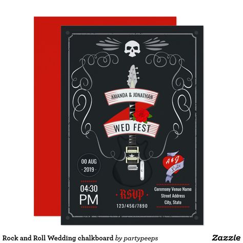 Rock and Roll Wedding chalkboard Invitation Rock And Roll Wedding, Rock N Roll Wedding, Music Themed Wedding, Tee Party, Chalkboard Invitation, Carton Invitation, Chalkboard Wedding, Personalised Wedding Invitations, Photo Wedding Invitations