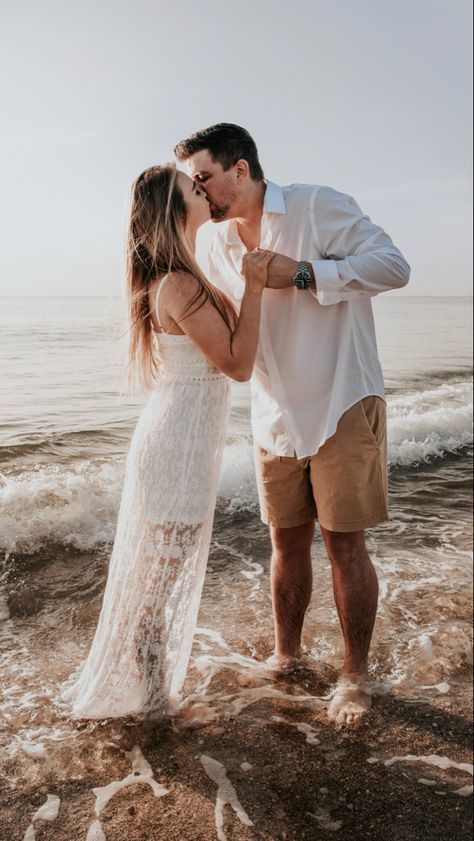 Couple poses, photoshoot, sunrise, engagement, beach, white dress, lace White Dress Beach Photoshoot Couple, White Dress Beach Photoshoot, Couple Poses Photoshoot, Dress Beach Photoshoot, Beach Photoshoot Couple, White Dress Beach, White Dress Lace, Engagement Beach, Poses Photoshoot