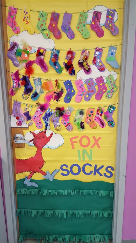 Classroom Door Themes, Dr. Suess, Dr Seuss Classroom Door, Dr Seuss Preschool Activities, Dr Seuss Art, Dr Seuss Preschool, Fox In Socks, Dr Seuss Classroom, Dr Seuss Activities