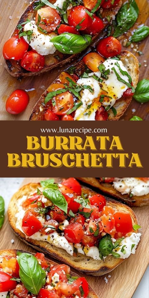 Burrata Bruschetta is a simple yet elegant dish that highlights the beauty of fresh ingredients! 🍅🥖 With creamy burrata, juicy tomatoes, and a drizzle of balsamic glaze over toasted bread, this appetizer is perfect for entertaining or as a light snack. Fresh, flavorful, and irresistible!  📌 Pin this recipe to create an easy and sophisticated burrata bruschetta for your next gathering! #BurrataBruschetta #FreshIngredients #AppetizerIdeas #SimpleAndElegant #BruschettaLovers #EasyEntertaining Bruschetta Recipe Roasted Tomato, Bruschetta Toast Appetizers, Bursts Bruschetta, Bruschetta With Tomatoes, Burrata Recipe Toast, Bruschetta And Mozzarella Recipe, Buratta And Tomato Appetizer, Crostini With Burrata, Tomato Burrata Dip