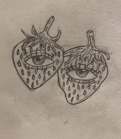 Strawberry Eye Tattoo, Strawberry With Eyes Tattoo, Strawberry With Face Tattoo, Strawberry With Eyes, Strawberry Drawing, Strawberry Tattoo, Fruit Ideas, Journal Drawing, Aesthetic Goth