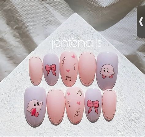 Snorlax Acrylic Nails, Molang Nails, Video Game Nail Designs, Chibi Nail Art, Kirby Nail Design, Uwu Nails, Kirby Nail Art, Nintendo Nails, Pompompurin Nails