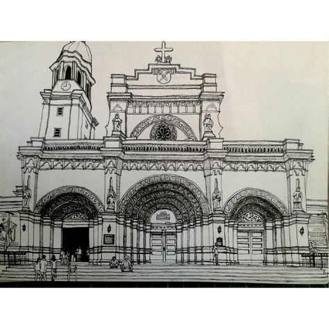 Manila Cathedral in Intramuros, Philippines! I used 0.05, 0.1 and 0.8 uni PIN :) Intramuros Drawing, Manila Cathedral Church, Philippines Drawing, Manila Cathedral, Rendering Ideas, Filipino Architecture, City Of God, Historical Buildings, Cathedral Church