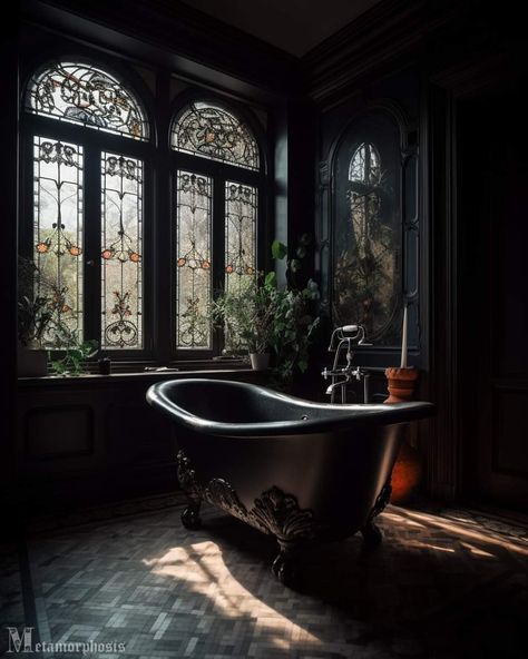 Gothic Revival Bathroom, Black Gothic Bathroom, Knightcore Aesthetic, Alchemy Room, Modern Gothic Home, Sauna Bathroom Design, Avengers Oc, Gothic Interior Design, Dark Wood Dining Table