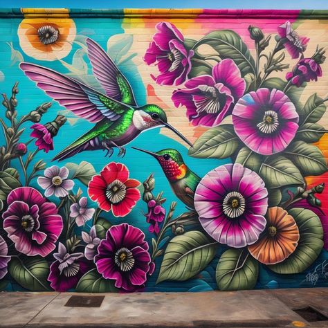 Mexican Street Art Graffiti, Garden Mural Outdoor Wall Art, Hummingbird Mural, Mexican Mural Art, Outdoor Mural Ideas, Mexican Murals, Murals For Home, Garden Fence Art, Garden Mural