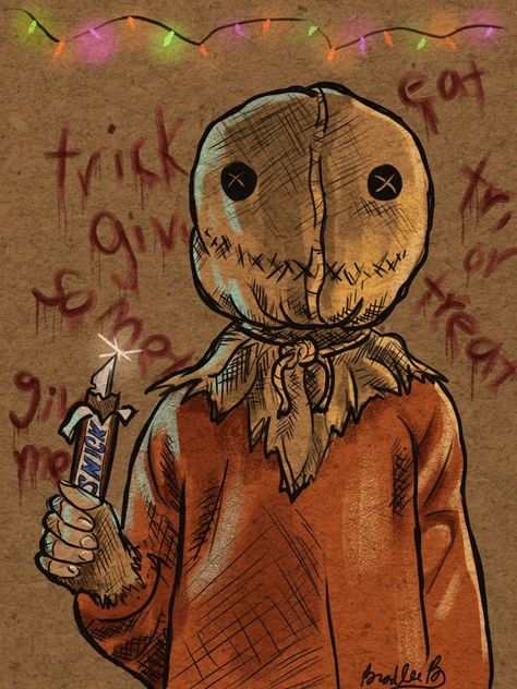 Samhain Trick R Treat, Halloween Horror Drawings, Trick R Treat Aesthetic, Samhain Drawing, Scary Movie Characters Drawings, Halloween Drawings Realistic, Horror Movie Art Drawing, Horror Character Drawings, Trick R Treat Drawing