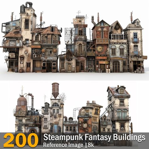 Steampunk Fantasy Buildings  | Reference Images | 8K ,  on ArtStation at https://www.artstation.com/artwork/3950nD Steampunk House Concept Art, Steampunk Building Concept Art, Steampunk House Exterior, Steampunk Tower, Steampunk Castle, Steampunk Concept Art, Halloween Staircase, Ville Steampunk, Magnolia Promenade