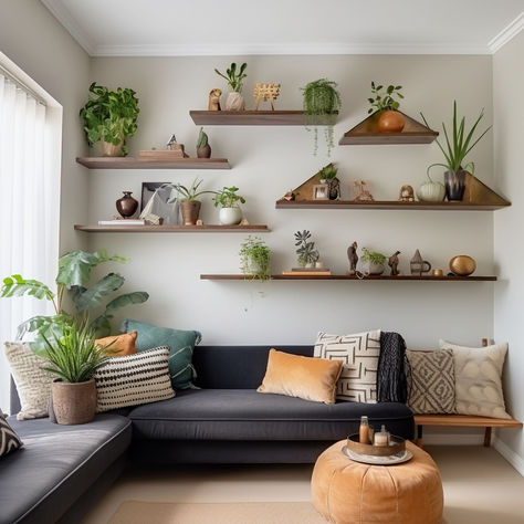 20 Good Looking Floating Shelf Ideas Long Shelf With Plants, Floating Shelves Feature Wall, Floating Shelves Plant Wall, Long Floating Shelf Living Room, Staggered Wall Shelves, Long Wall Shelf Living Room, Floating Shelf Plants, Floating Shelves Layout, Large Floating Shelves Living Rooms