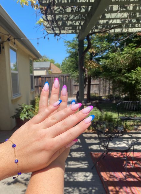 Pride Nails French Tips, Pride Nails Designs Almond, Pride Nails Aesthetic, Bi Nails Designs, Pride Nails Designs Simple Short, Subtle Bi Pride Nails, Simple Pride Nail Ideas, Bisexual Nail Designs, Pride Nails Subtle