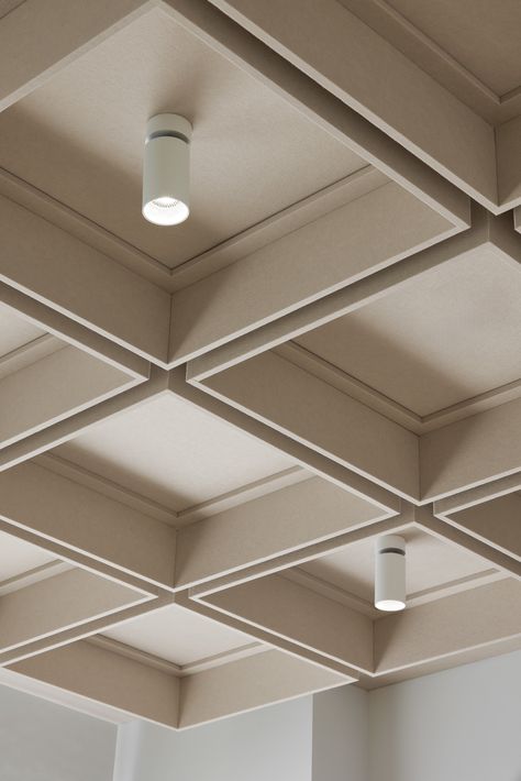 ECOcero office - Detail White Mesh Ceiling, Commercial Office Ceiling Design, Lobby Design Ceiling, Industrial Ceiling Ideas, Drapes On Ceiling, Retail Ceiling Design, Lobby Down Ceiling Design, Conference Room Ceiling Design, Clean Office Design