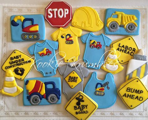 Construction themed Baby Shower Cookies by IbKookieKrumbles Construction Baby Shower Theme, Truck Baby Shower Theme, Biscuit Icing, Construction Cookies, Construction Baby Shower, Onesie Cookies, Shower Cookies, Construction Theme, Baby Boy 1st Birthday